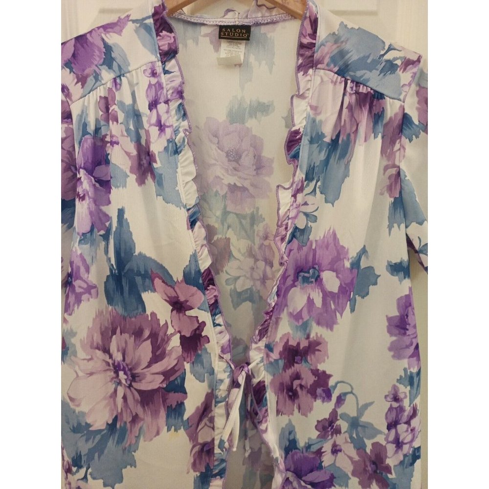 Women's Salon Studio Floral Purple/Blue Tie Front Lightweight Cardigan Sz Medium - Picture 5 of 10